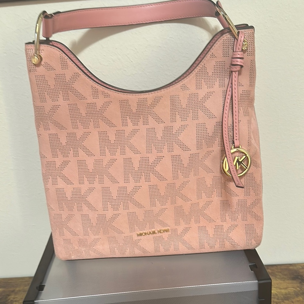 Michael Kors Pink Hobo Bag with Monogram and Gold Hardware